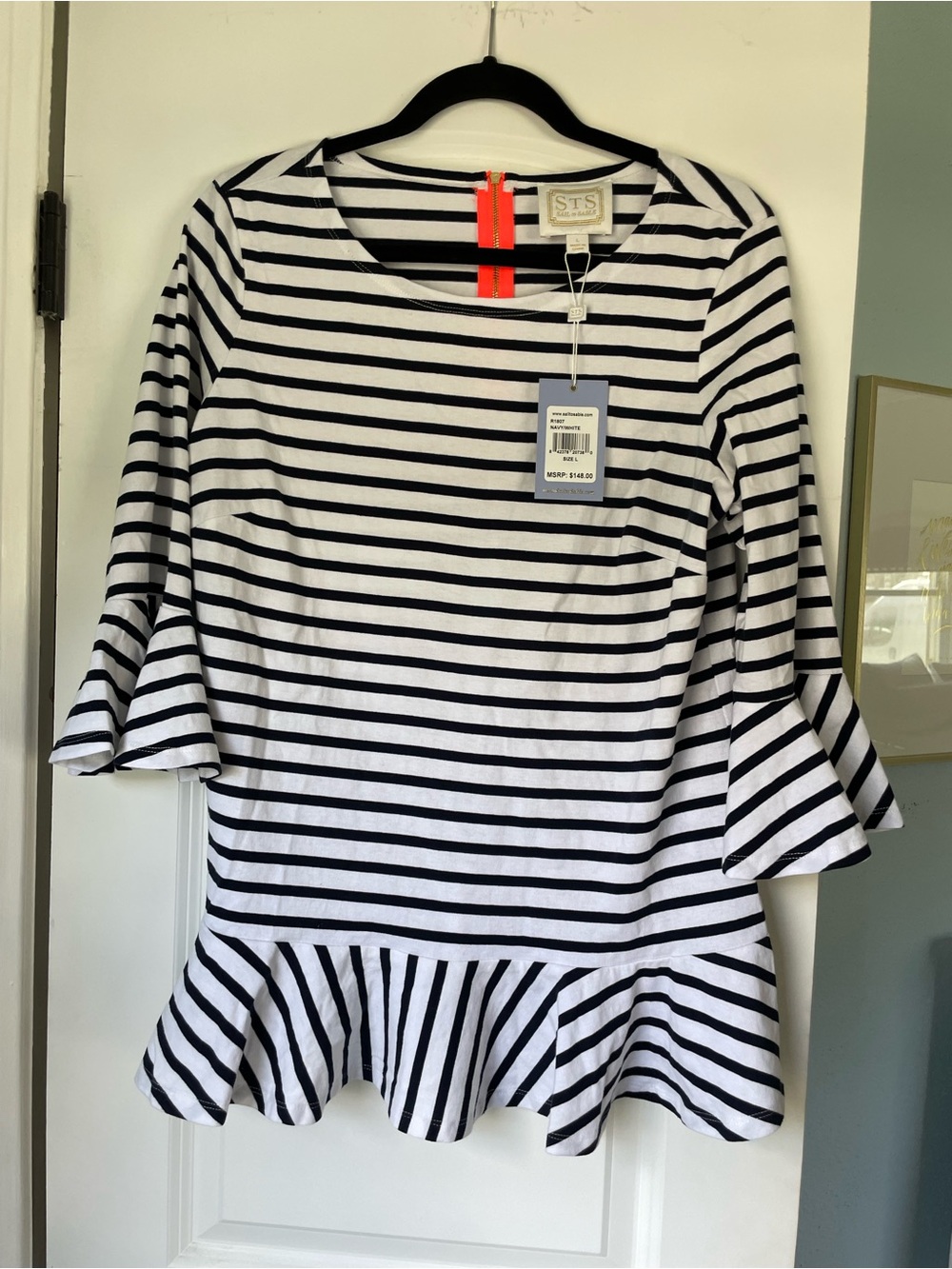 Sail to Sable Navy & White Stripe Ruffle-Hem Top Size L NWT